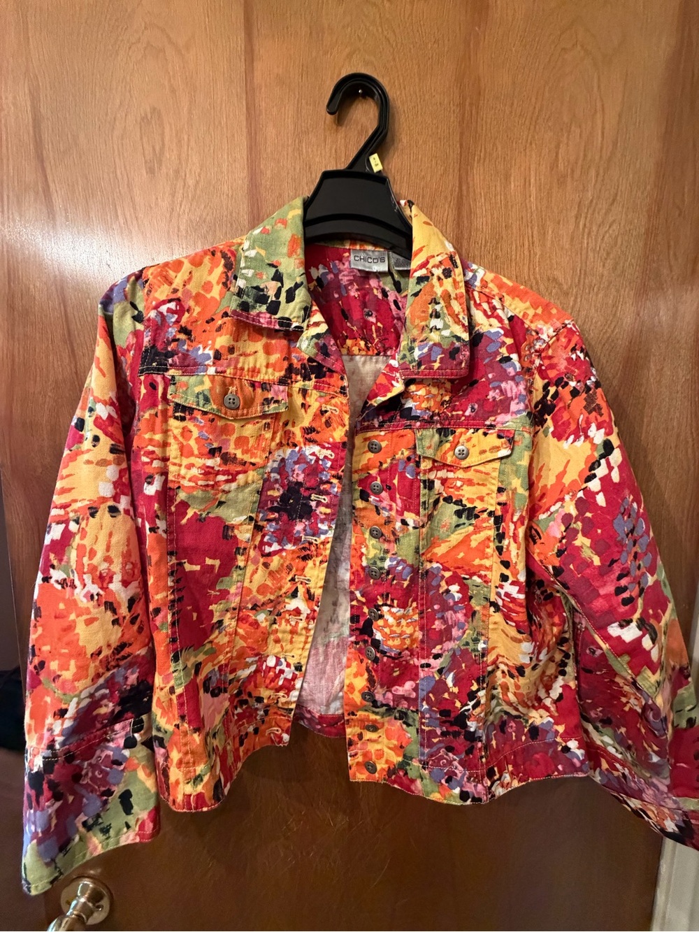Chico's Bright Multi-Color Abstract Print Jean Jacket